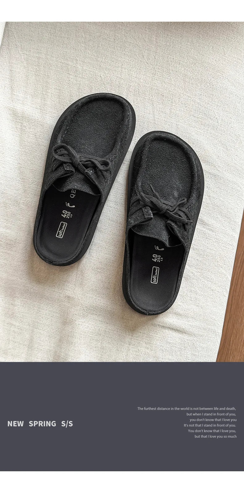 2025 Retro bag head lace-up leather one-pedal summer half slippers men and women couple cowhide shoes