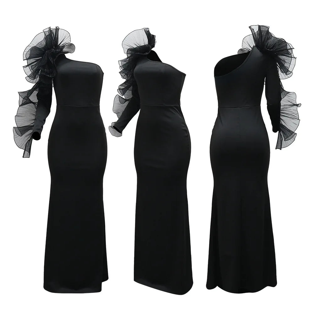 One Shoulder Long Dress Women Elegant Party Dresses Ruffles Sleeve Bodycon Evening Summer Dresses Female Birthday Dress HWY1896