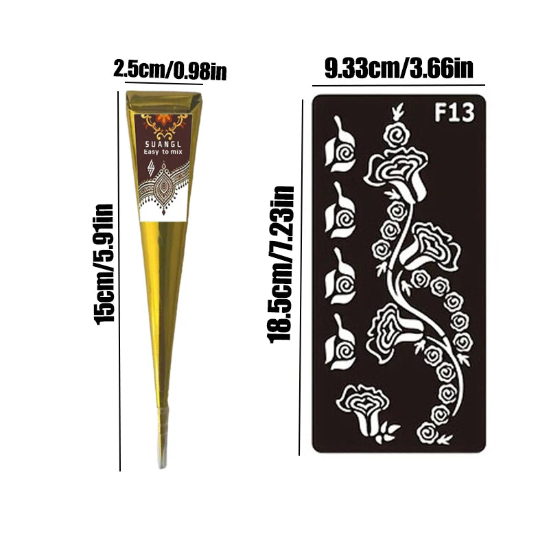 SUANGL Indian Henna Cones Brown Paste with Stencil Temporary Body Art Paint Kit for Hand Feet Drawing Red Black Henna Set