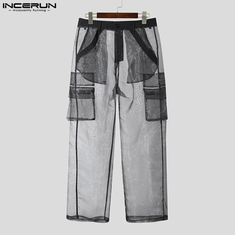 INCERUN Men Pants Mesh Gradient Button Joggers Straight Trousers Men Joggers Streetwear Pockets Oversize Fashion Long Pants 2026