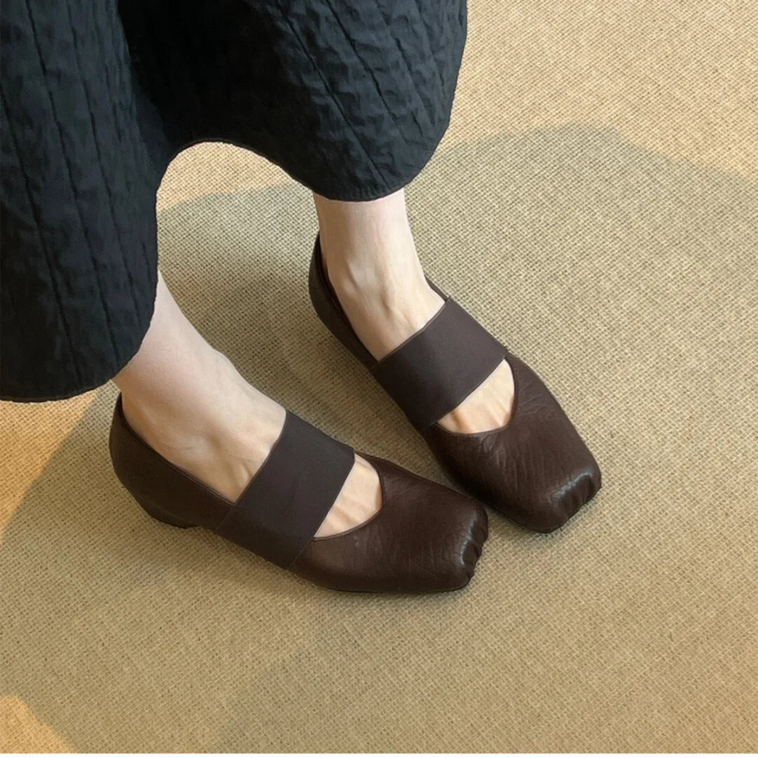 Luxury Shoes Women2026 New Leather Square Toe Elastic Band Mary Jane Women's Shallow Toe Flat Single Shoe Shoes for Women