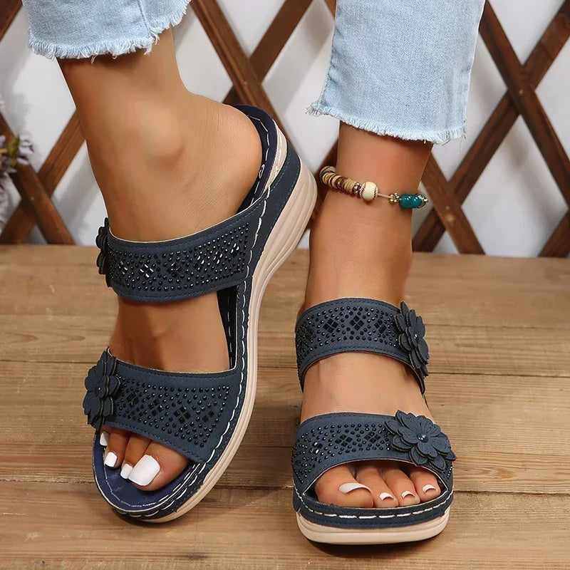 2024 Summer Women Slippers Plus Size Women's Shoes Retro Roman Sandals Women Pu Casual Flower Wedge Sandals Platform Slippers