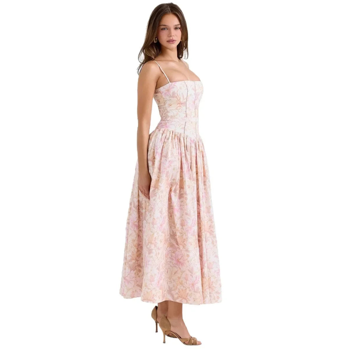 Elegant Fairylike French Style Gentle Floral Print Strapless Midi Dress Slimming Women's Fashion High End Feeling Dress