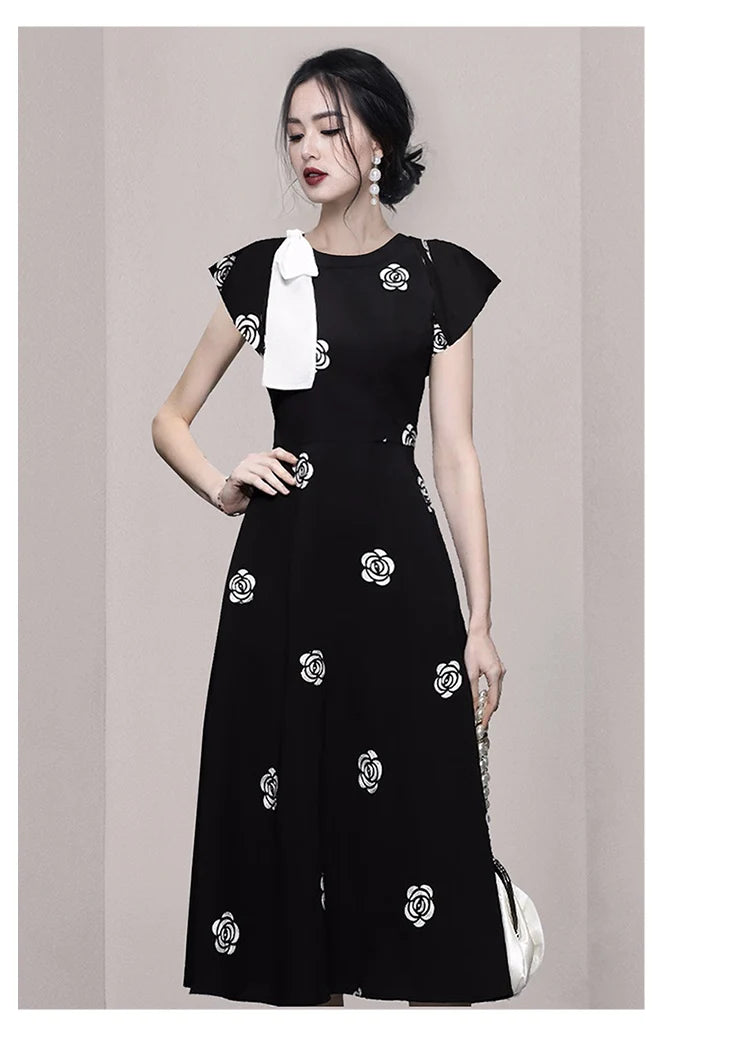 Designer Fashion New Summer Rose Flower Embroidery Office Dress Elegant Women O Neck Hit Color Bowknot Black Floral Midi Dresses