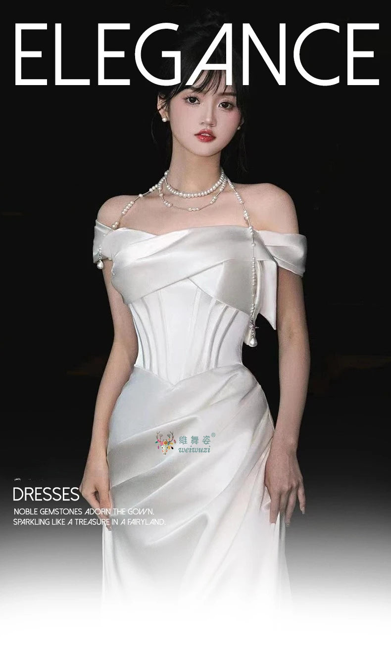 French Style Luxury Pleat Satin Strapless Light Wedding Bridal Dress Off-Shoulder Light Wedding Dress Birthday Party Prom Gowns