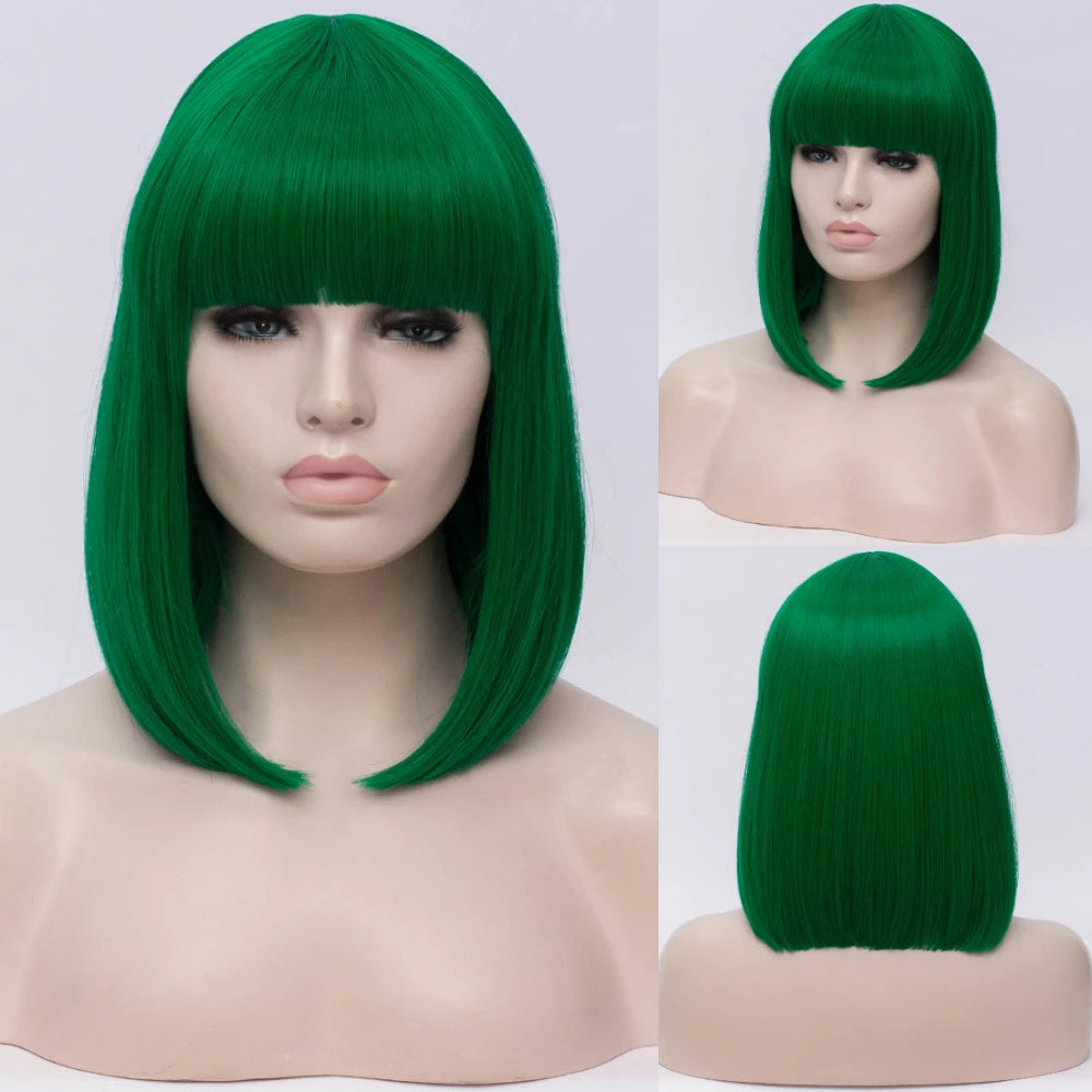 MSIWIGS Women Synthetic Straight Short Bob Wigs With Bangs Blue Golden Red Black White Purple Green Brown Cosplay Wig Female
