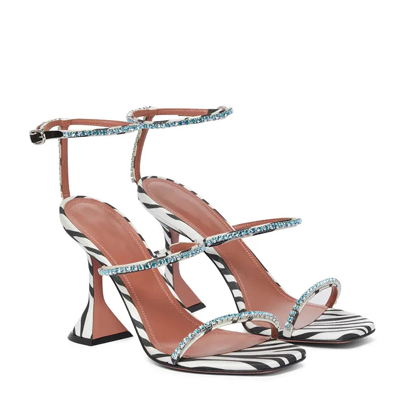 2023 New High Heels Square Toe Wine Glass with A Word with Large Size Sexy Rhinestone Sandals Women