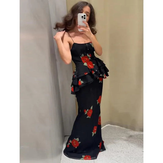 Summer 2-piece Suit Print Flower Mesh Slit Hip-covering Skirt Halter Top Suit Women's Fashion Causal Woman 2 Piece Set Outfit