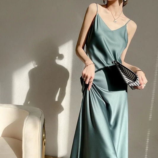 Silk V-neck Slim-fit Satin Dress Sexy Strap Long Gown for Women New 2025 Spring Summer Inner Wear Dress Elegant Lady Dress