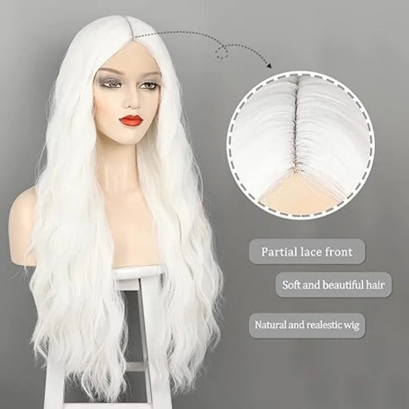 Long White Syntheic Wigs for Women 30 Inches Wavy Lace Heat Middle Part Natural Looking Silky Wig for Daily Use Halloween