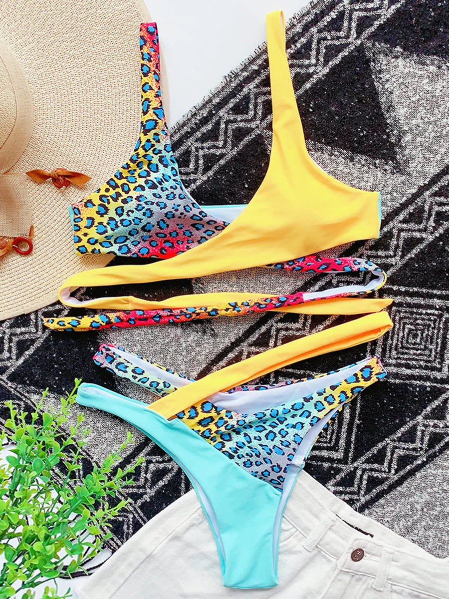 Sexy Splicing Cross Bandage Thong Bikini Female Swimsuit Women Swimwear Two Pieces Bikini Set Bathing Suit Swim Beach Wear Lady