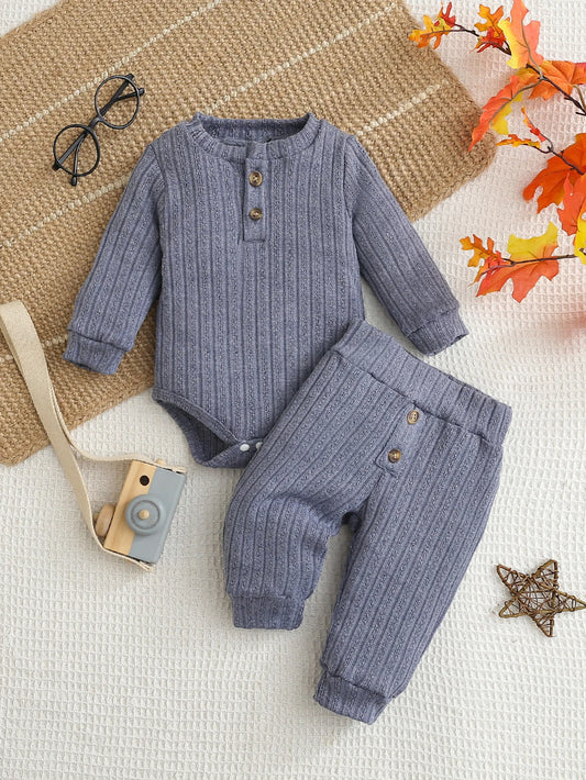 Baby Autumn Winter Knitted Blue Long Sleeve Crawler Suit with Long Pants Infant Clothing Set for Toddlers