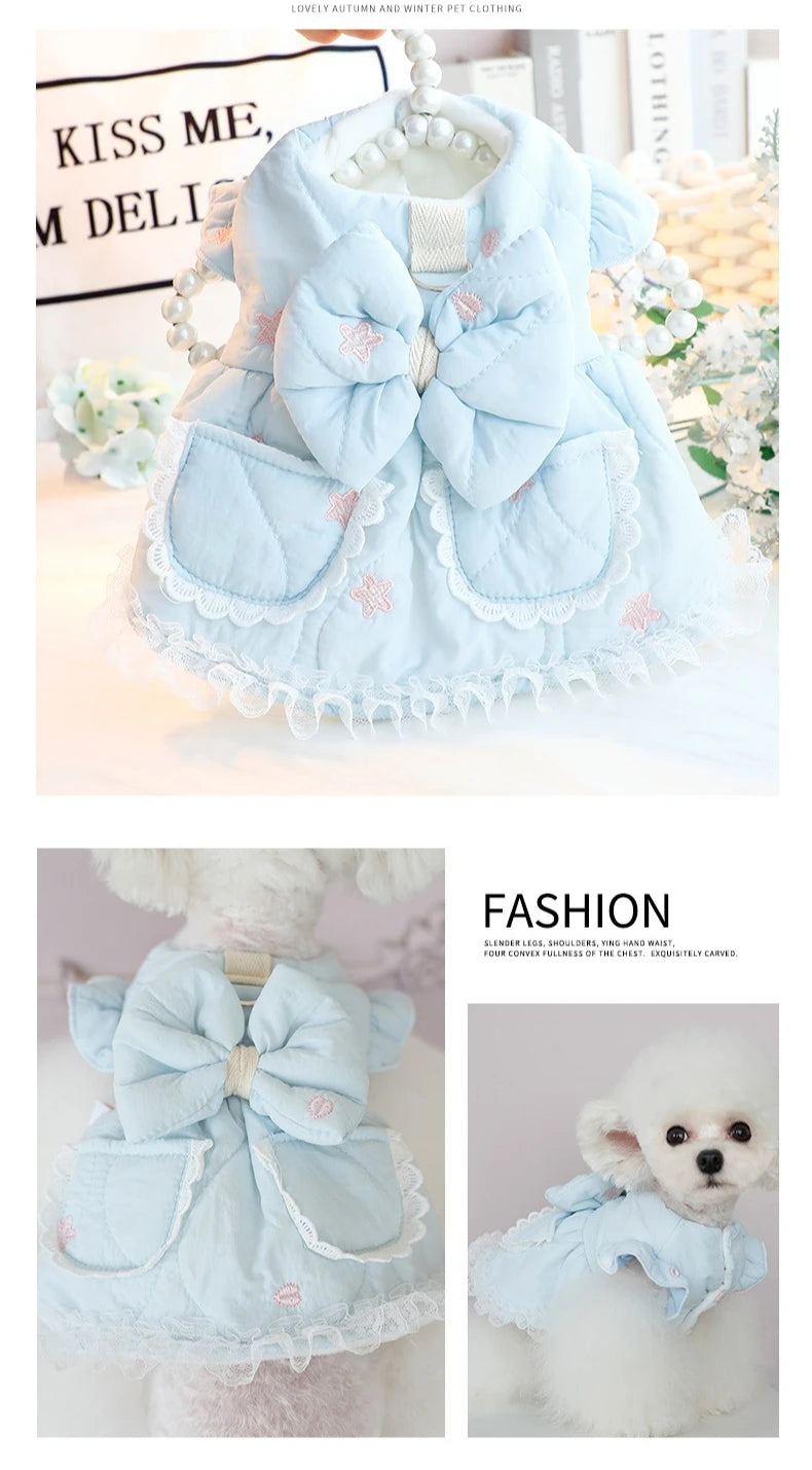Autumn Winter Dog Clothes  Thick Cotton-padded Princess Pet Dress Coat with Embroidery for Small Dogs & Cats