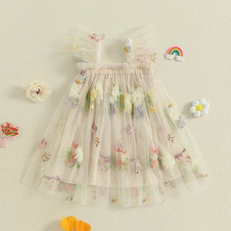 Baby Girl Square Neck Floral Embroidery Lovely Dress Kid Princess Lovely Dress Ruffle Sleeveless Toddler Party Dress Clothes