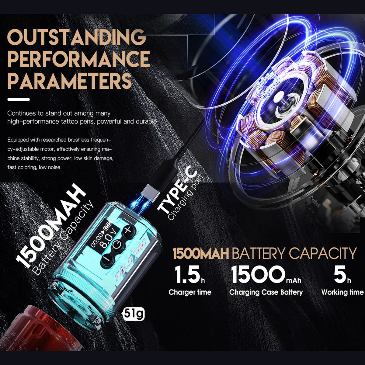 Dragonhawk Fold Pro Wireless Tattoo Machine Adjustable 7 Strokes Power By Mcore-c2 Low Vibration Silent Stable for Beginners