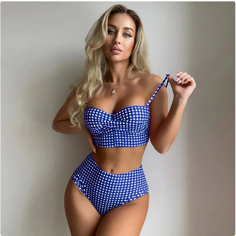 2025 New Sexy Two-piece Bikini Set Women Plaid Swimsuit Sling Backless Swimwear Tight Gathered Beachwear Brazilian Bathing Suit