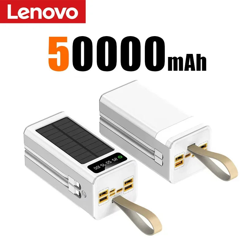 Lenovo 500000mAh Power Bank Large Capacity Portable LED Light Solar External Battery Four Interface Charger Powerbank 2026