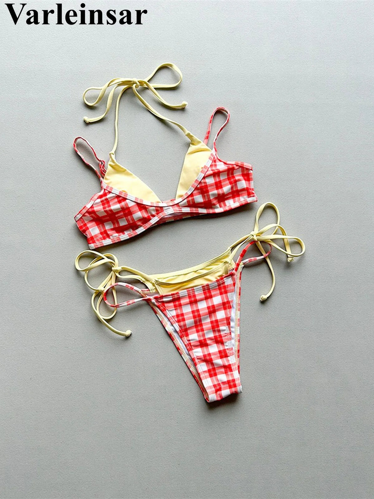 Sexy Polka Dot Plaid Halter Bikini Female Swimsuit Women Swimwear Two-Pieces Bikini Set Splicing Bather Bathing Suit Swim V8027