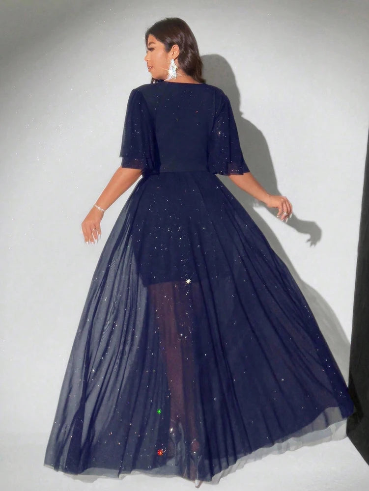 plus Size Sexy Sparkling Short Sleeve Deep V Neck Party Dress Elegant Loose Evening Gown for Women Romantic Resort Wear