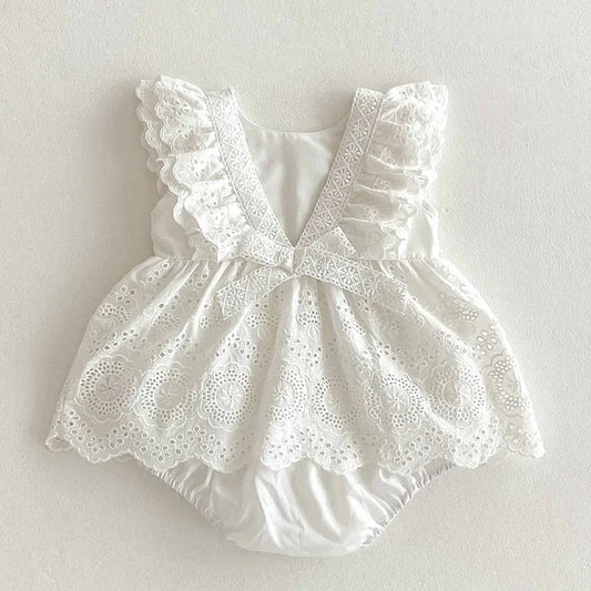2025 New Summer Korean Style Climbing Suit Flying Sleeve Cotton Lace Splicing Toddler Baby Girls Jumpsuit 0-24M Baby Clothing