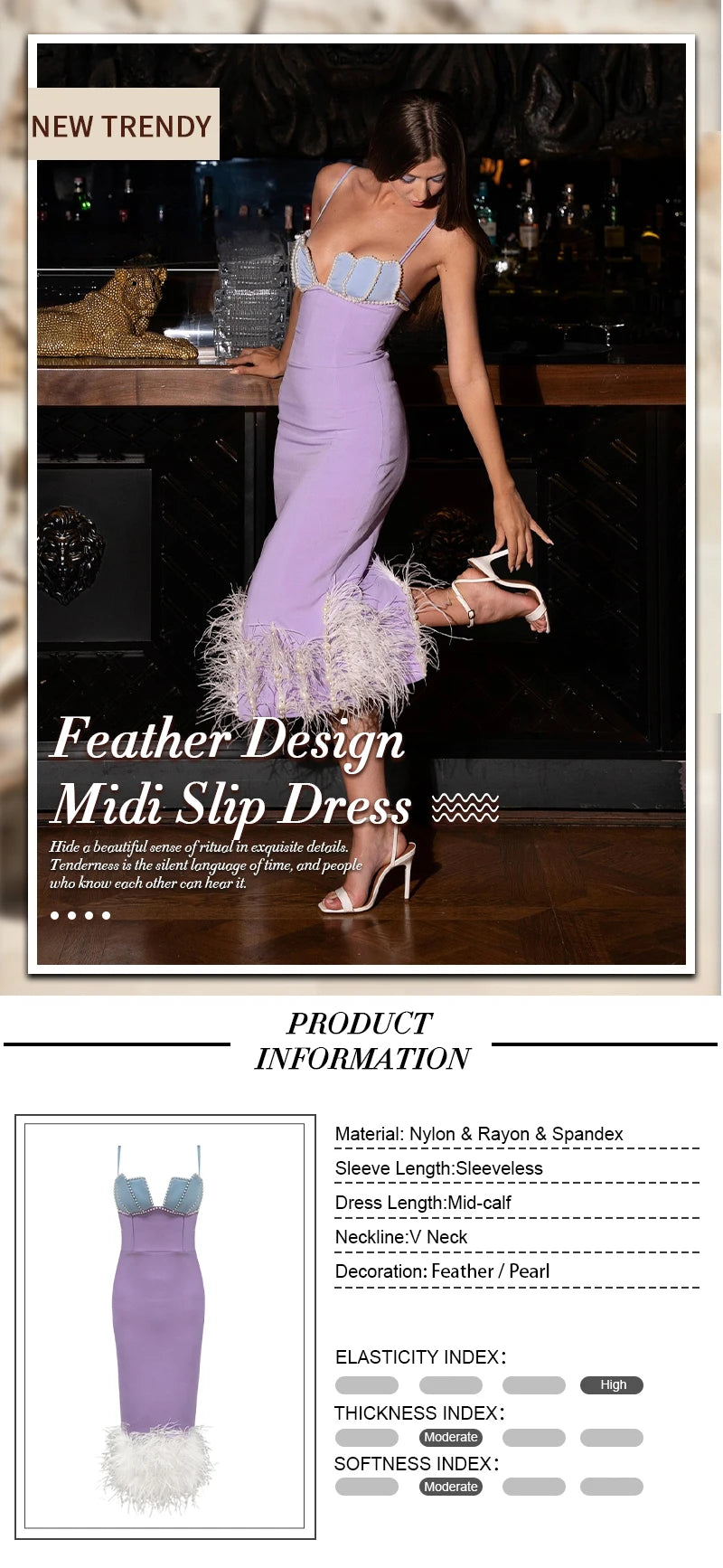 VC Ladies Feather Bead Spaghetti Straps Pearls Backless Fashion Bandage Midi Elegant Party Cocktail Dress Vestidos
