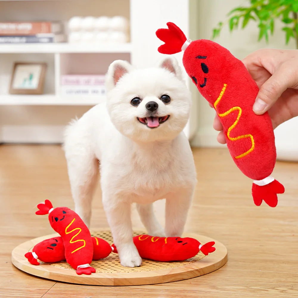 Squeaky Plush Pet Toys: Hot Dog Embroidered Chew Toys for Dogs & Cats, Bite-Resistant Toys to Relieve Boredom,
