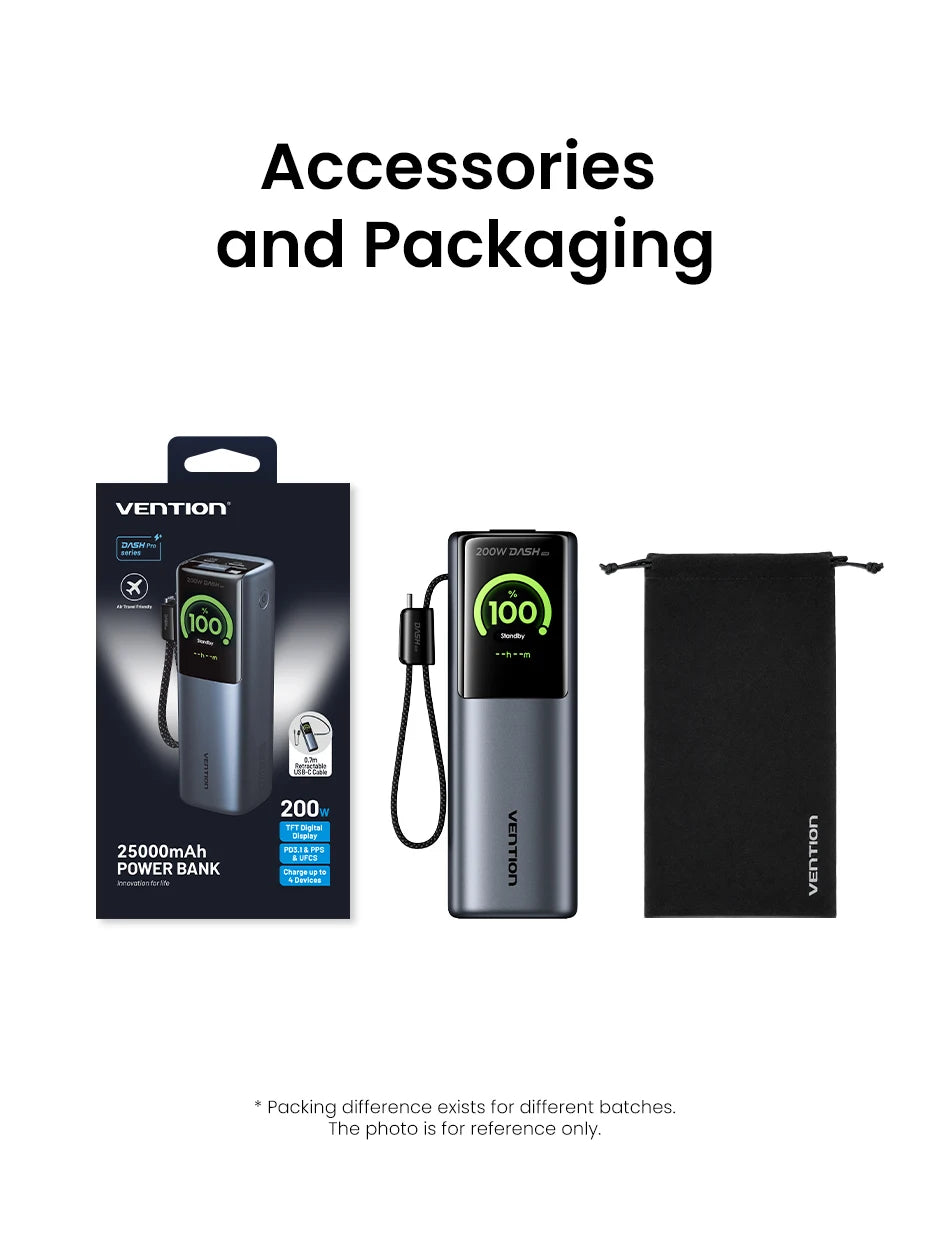 Vention 200W 25000mAh Power Bank Retractable Cables Portable PD External Battery PowerBank for Laptop Macbook Pro Fast Charge
