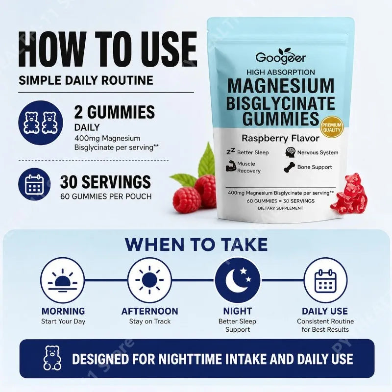 Googeer Magnesium Bisglycinate Gummies for Better Sleep Daytime Concentration & Nervous System Support Raspberry 60 Gummies