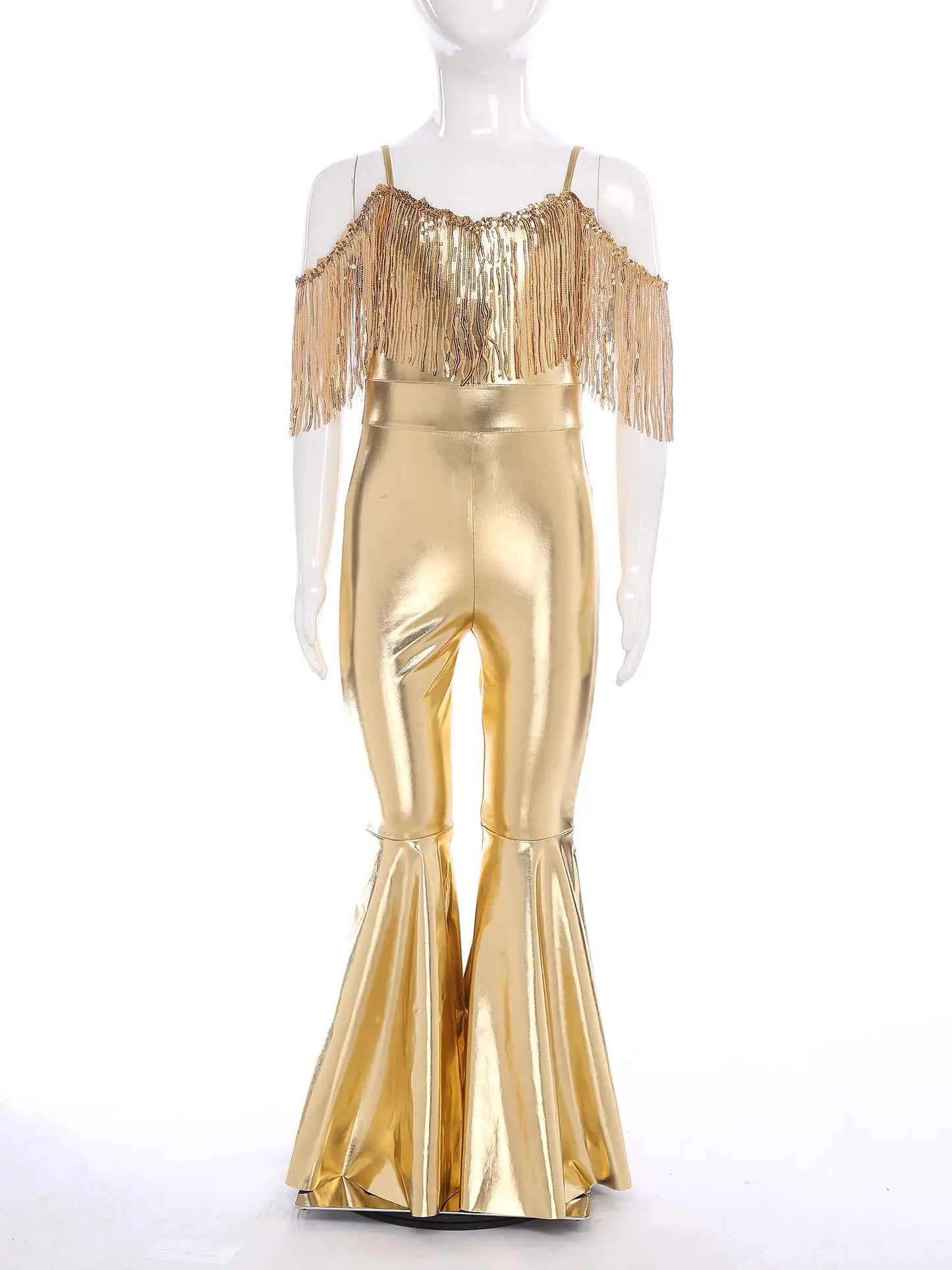 Shiny Halloween Hippie Costume for Kid Girls Sleeveless Sequins Tassels Disco Outfit 70s 80s Prom Flare Jumpsuit Party Costume
