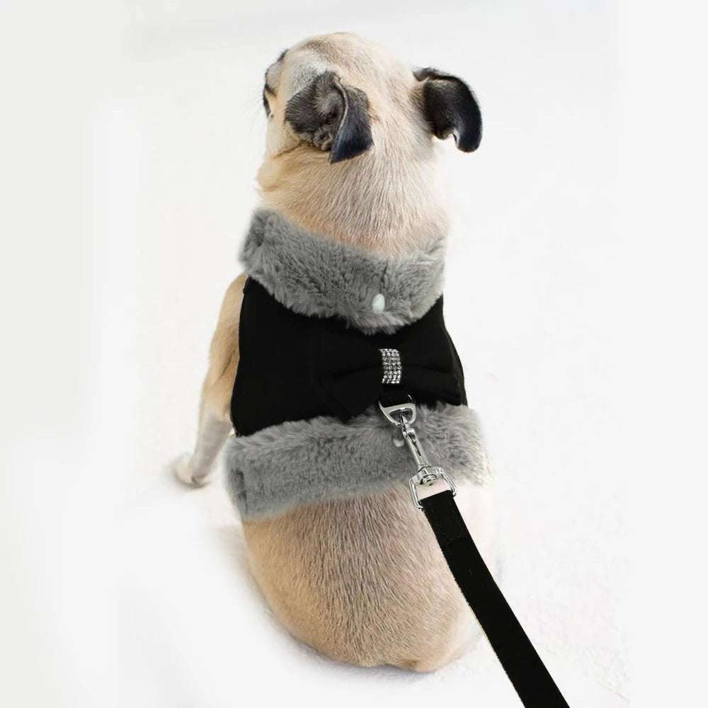 Soft Warm Dog Vest Harness and Leash Set Cute Bowknot Pet Winter Clothes Vest Warm Fur Small Dog Clothing French Bulldog Pink