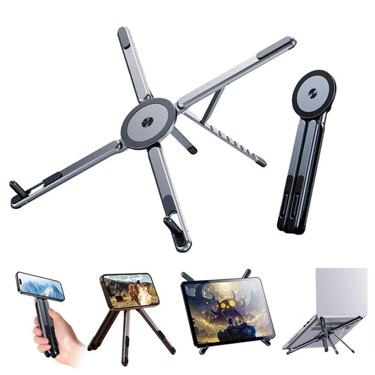 4 in 1 Foldable Laptop Stand Magnetic Phone Holder Aluminum Portable Desk Mount with Tripod Handle for Pro iPad Travel Vlogging