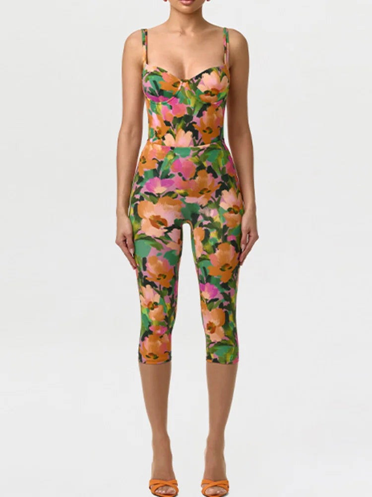 Trendy Bright Set Floral Print Spicy Girls Bodysuit Mid-calf Leggings Slim Fit Women Summer Party Chic Beach Festival Outfits