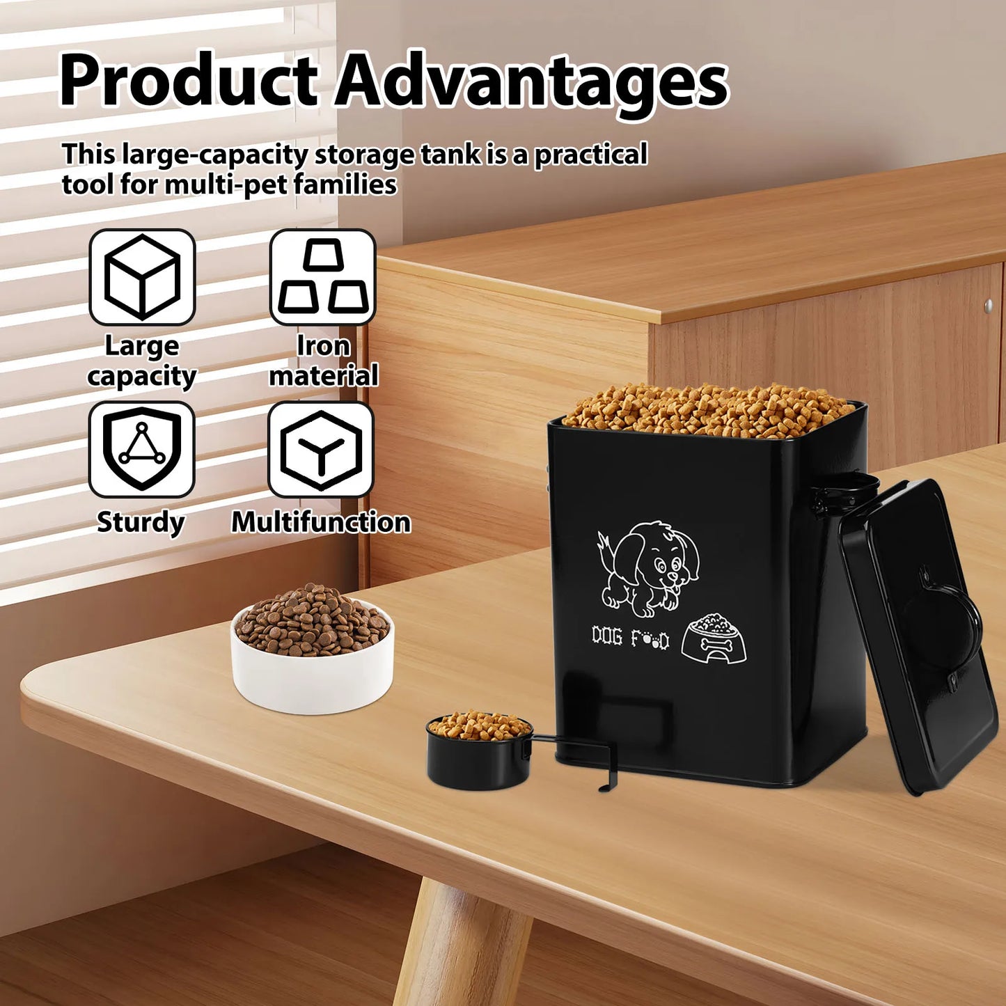 Pet Food Storage Box Metal Dog Food Storage Container Large Capacity Sealing Square Cat Food Organizer with Lid and Spoon