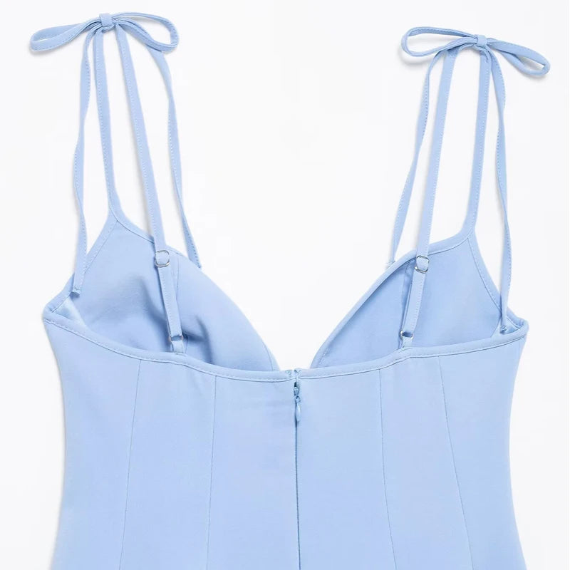 HXAO Bow Short Dresses for Women Blue Thin Straps Backless Sleeveless Women's Dresses Casual Sexy Lady Dress Elegant Party Dress
