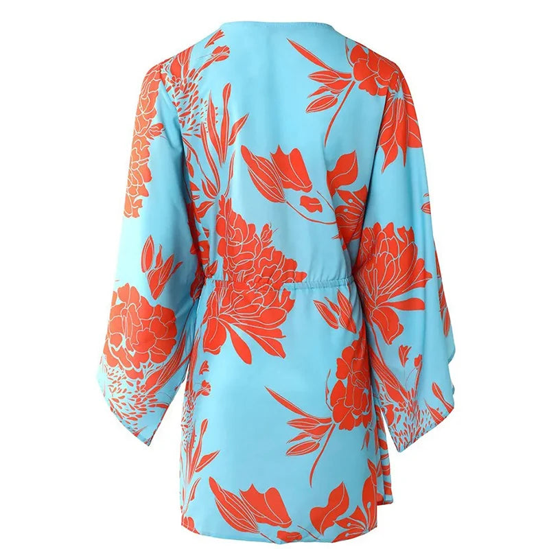 Women Casual Loose Dress Beach Boho Dress Fashion Vintage Print V Neck Drawstring Mini Dress Summer Dresses Robe Femme 2022