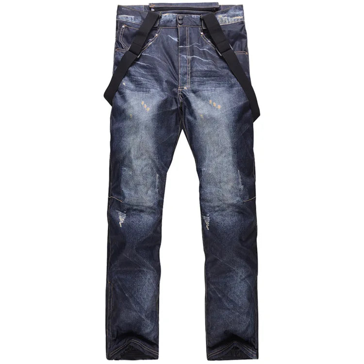 style denim ski pants suspenders denim ski pants men's skating snowboard waterproof, windproof and warm ski pants