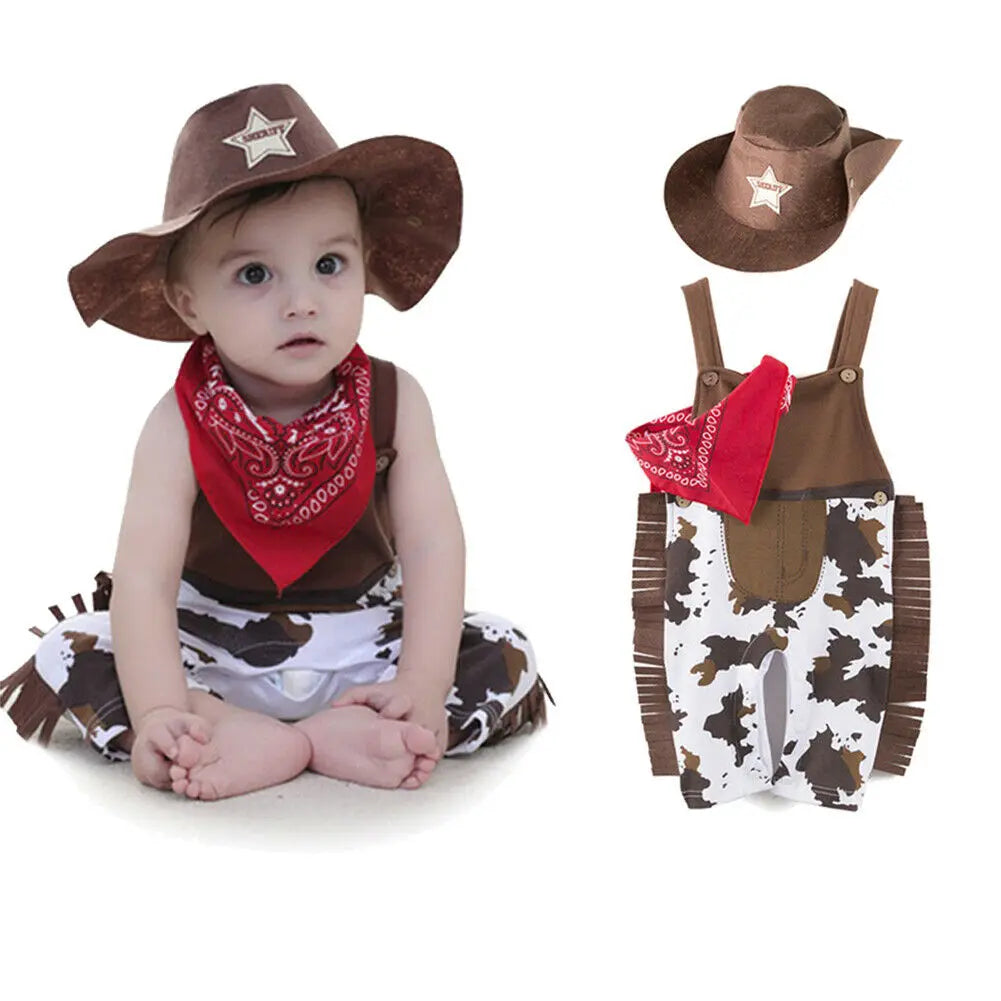 Baby 3PCS Romper Set Camouflage Printed Sling Side Tassel Romper Big Cowboys Wide Brim Star Hat Triangle Printed Scarf