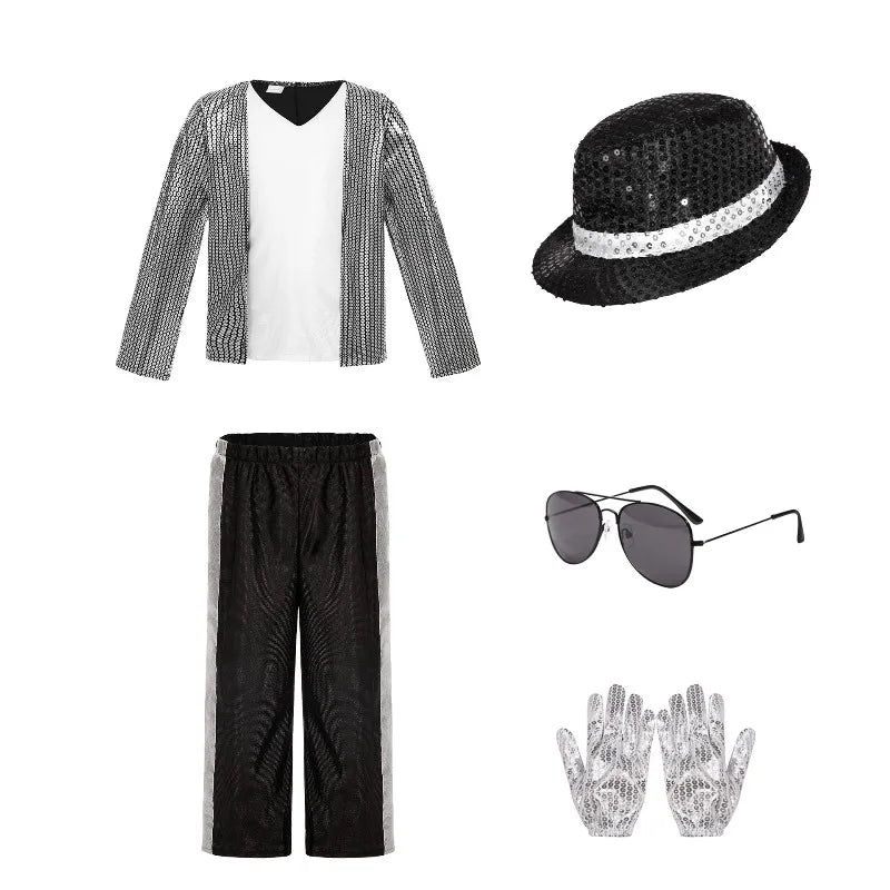 Boy Michael Jackson Billie Jean Cosplay Black Suit Dance Disco Halloween Fancy Dress Up 80s Pop King Costume for Kids