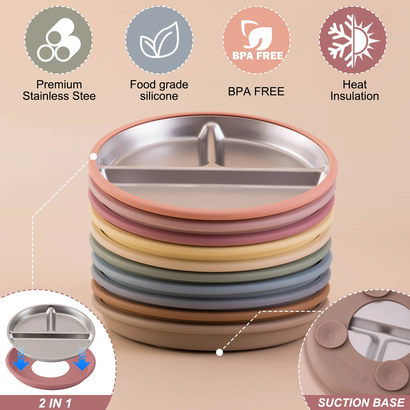 1PCS Stainless Steel Plate Detachable Suction Feeding Bowl For Baby  BPA Free Silicone Dishes Tableware Baby Newborn Items