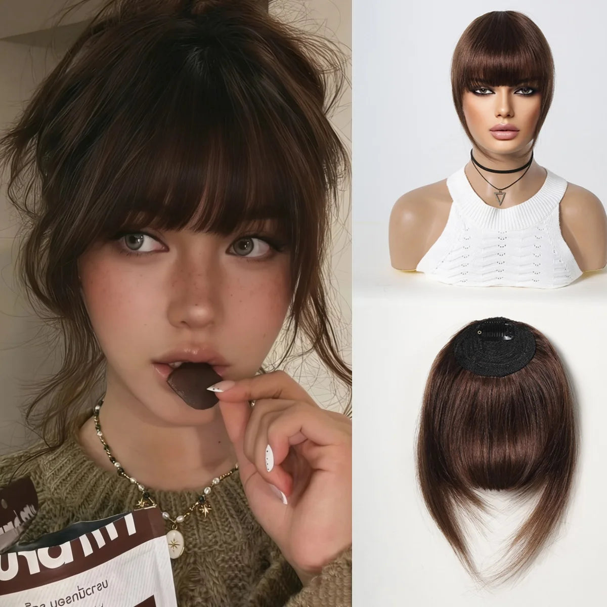 100% Remy Human Hair Fringe Bangs Clips in Natural Black Human Hair 3D Air Fringe Bangs Hairpieces for Women with Thinning Hair