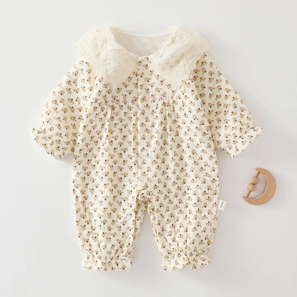 Gauze Baby Rompers Girls Floral Dot Print Peter Pan Collar Newborn Clothing Spring Autumn Infant Girl Long Sleeve Jumpsuit