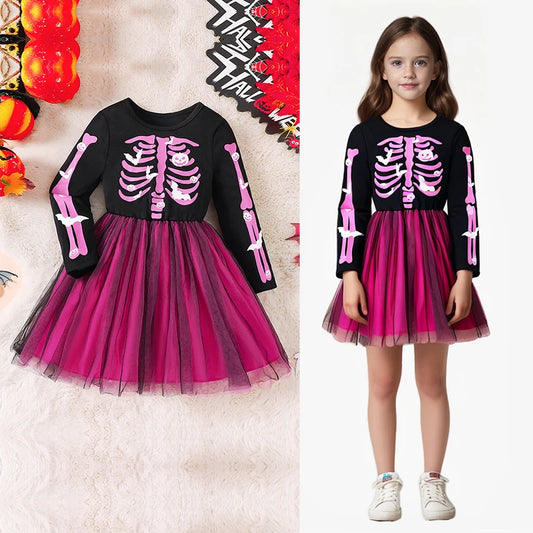 Girls Halloween Dress 2-7 Years Rainbow Skeleton Costume with Glow-in-Dark Print Toddler Party Dress for Witch Party & Cosplay