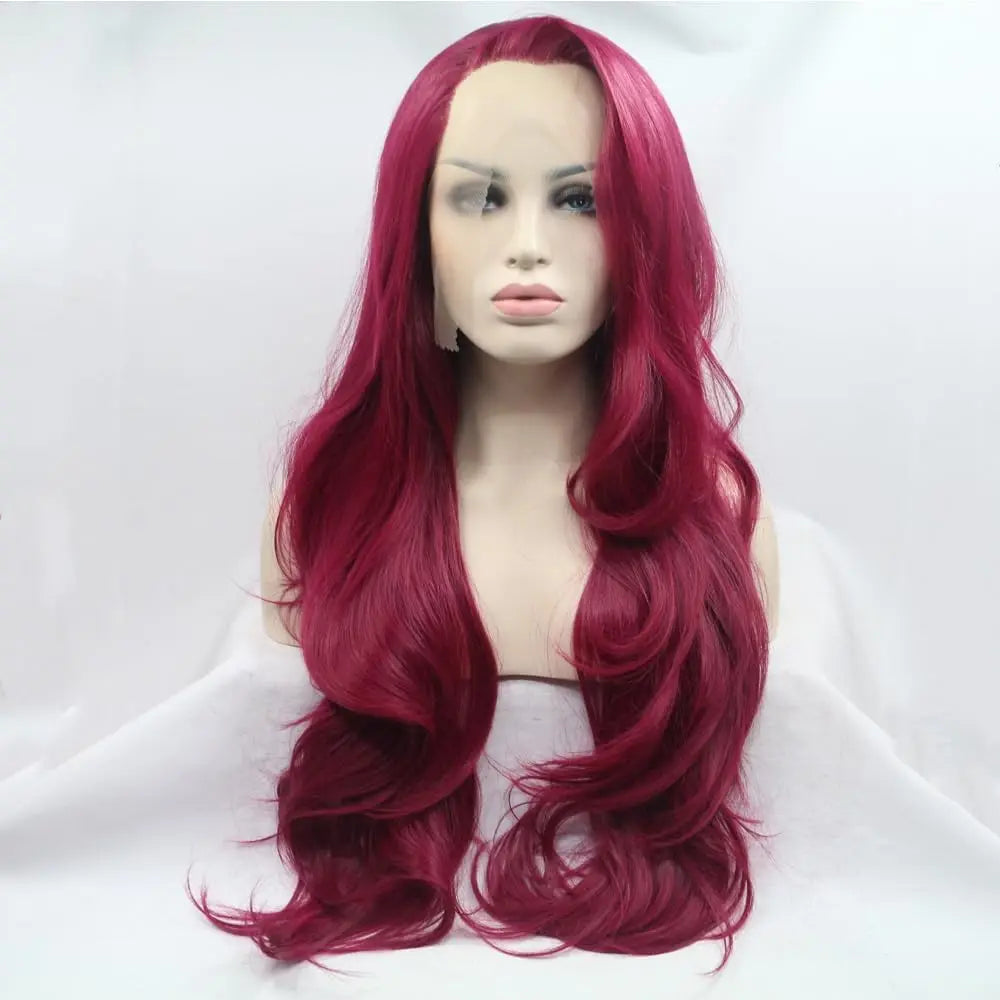 Synthetic Burgundy Lace front wigs  Heat Resistant Fiber Long Wavy Wig Burgundy Wine Wigs Side Part