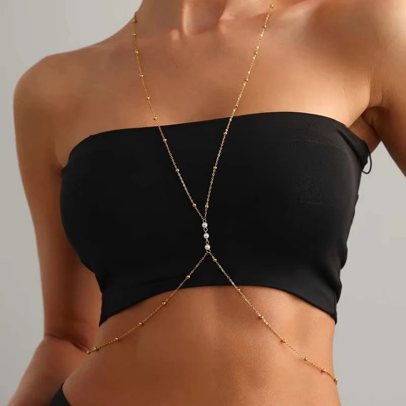 Fashion Metal Beaded Chest Chain for Women Sexy Gold Color Round Bead Chain Pearl Cross Waist Chain Bikini Hottie Jewelry Gifts