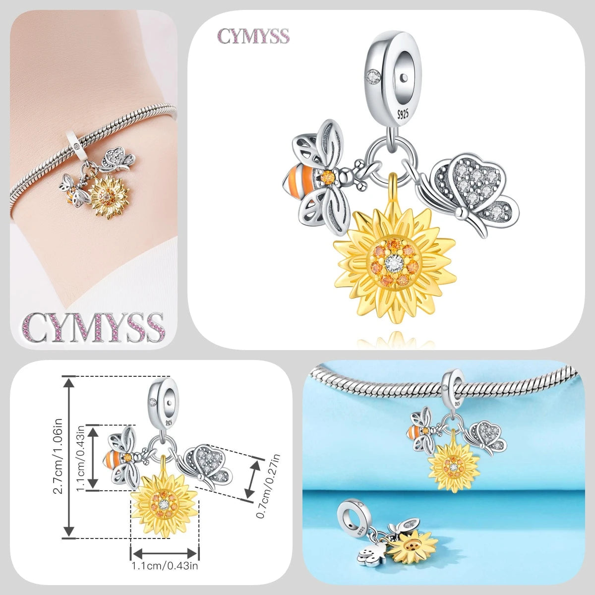 925 Sterling Silver Plated Bee Sunflower Butterfly Charm Pendant Fine Jewelry Women DIY Bracelet Necklace Birthday Party Gift