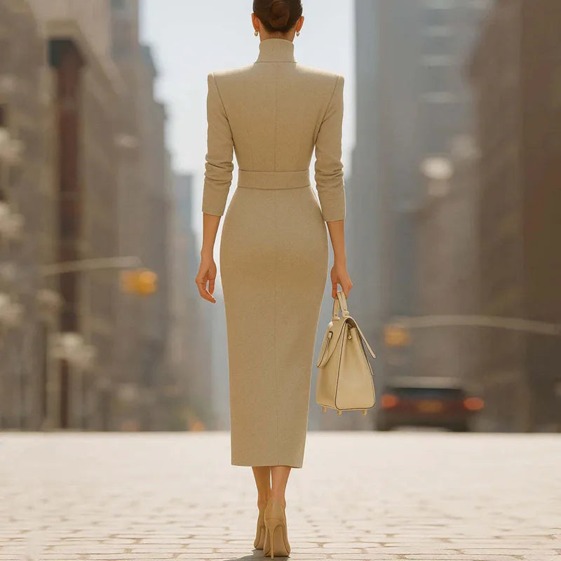 Elegant Solid Slim Belt V Neck Hip Dress Woman Autumn Winter Long Sleeve Split Office Dresses Sexy Boho High Waist Evening Dress