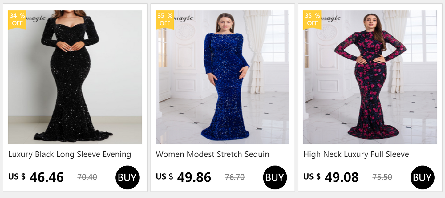 Modest Green Long Sleeve Mermaid Sequin Evening Gown Formal Dress Gold O Neck Stretch Women Wedding Party Maxi Cocktail Dresses