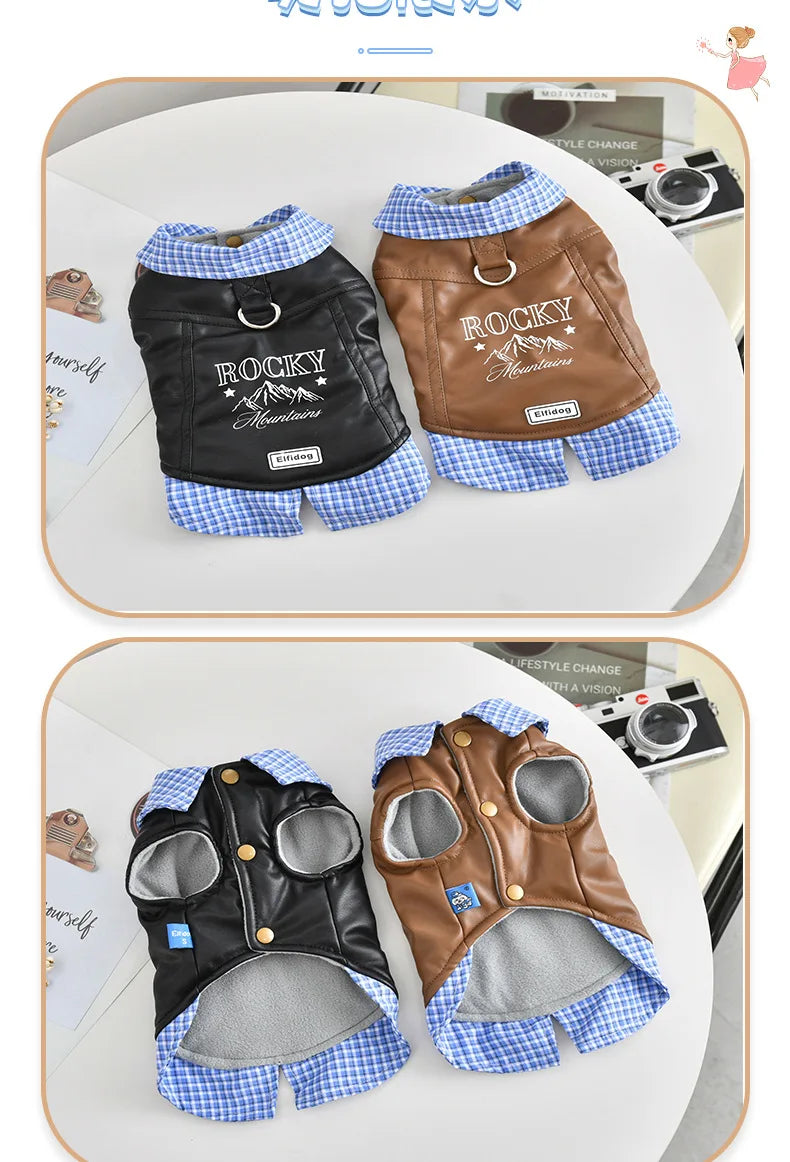 Leather Pitbull Costumes For Small Medium Size Breed Dog With Plaid Shirt Collar Winter Warm Pet Harness Coat Jacket Puppy Wear