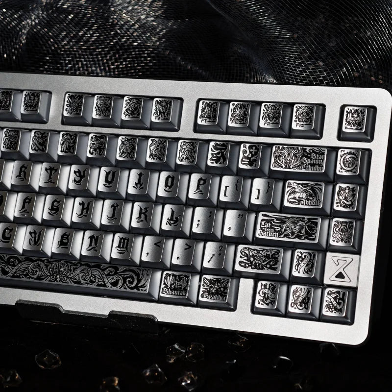 Cthulhu PBT Keycaps Set,130 Keys Custom Black Silver Metallic Silver Finish Cherry Profile Keycap For MX Mechanical Keyboard