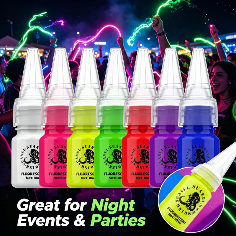 Glow Dark Tattoo Ink Set 7 Colors 10ml Fluorescent Pigmented Inks for Halloween Body Art Light Effects Vibrant Colors